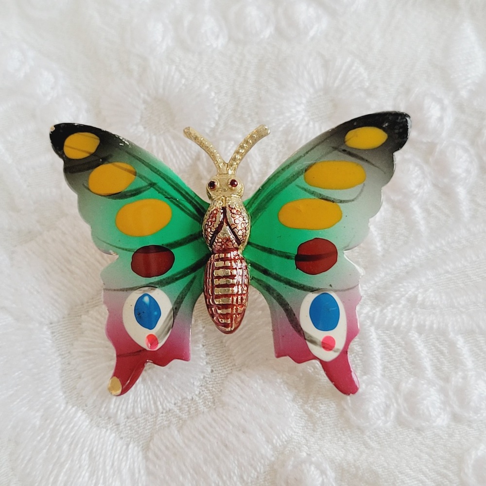 Majestic Butterfly Brooch Enamel Gold Tone Hand Painted Korea Insect Retro 21743